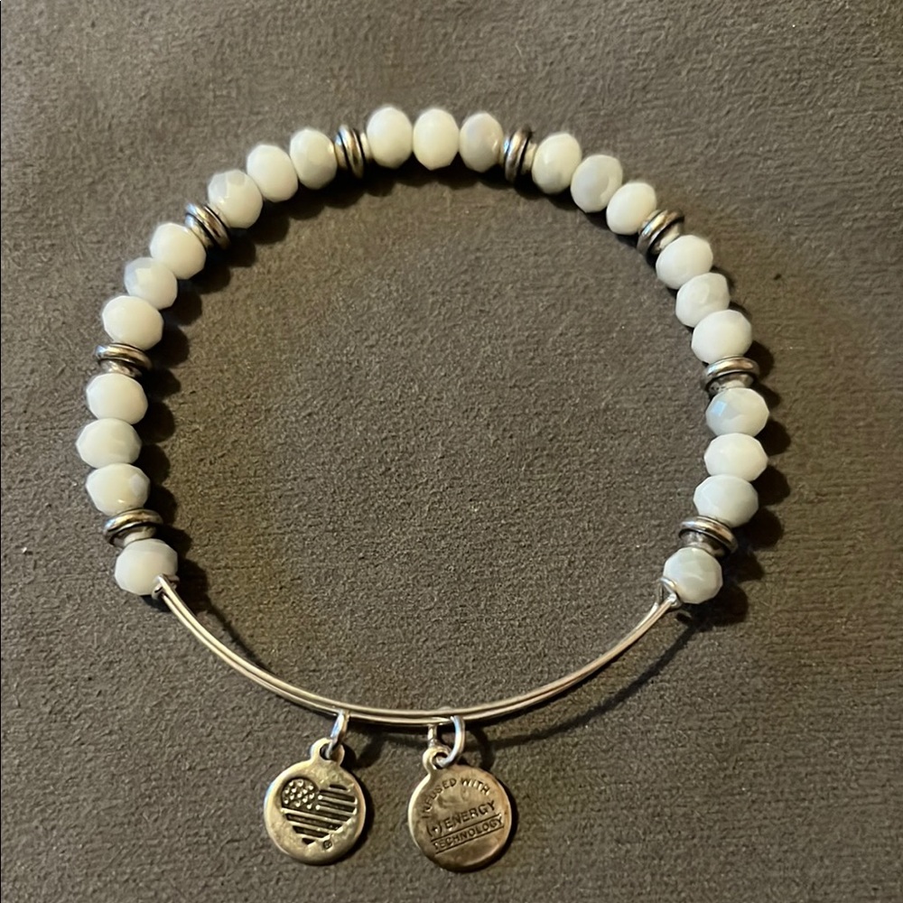 Alex and Ani Silver and Beige Beaded Expandable Bracelet with Charms - Picture 2 of 11